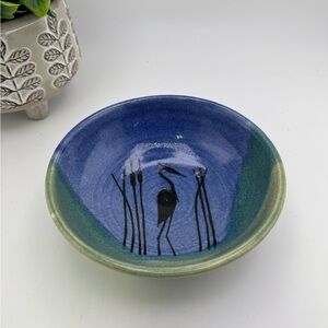 Signed Studio Pottery Bowl JEM 2016 Jerome AZ Heron Crane Art Bowl Blue Green